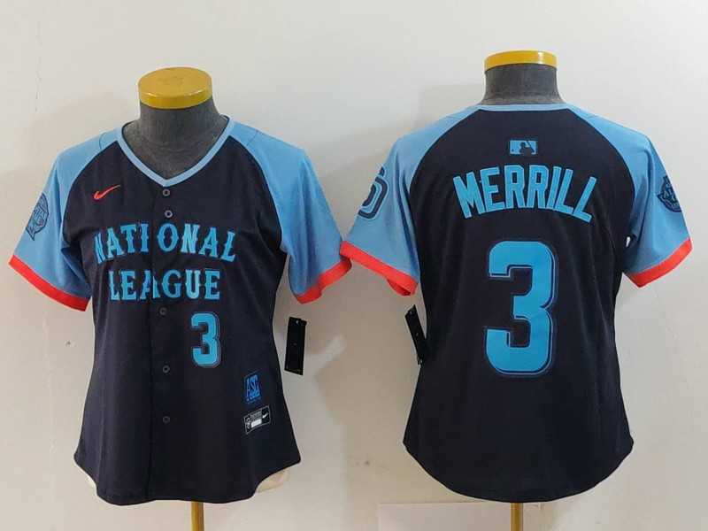 Womens San Diego Padres #3 Jackson Merrill Number Navy 2024 All Star Limited Stitched Jersey->2024 mlb all-star->MLB Jersey